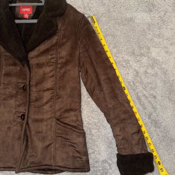 Vintage Esprit Y2K Faux Sherpa Suede Coat Size Small Brown Penny Lane Preppy 90s - Picture 9 of 11